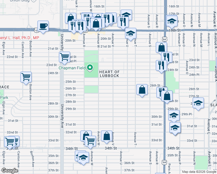 map of restaurants, bars, coffee shops, grocery stores, and more near 2208 26th Street in Lubbock
