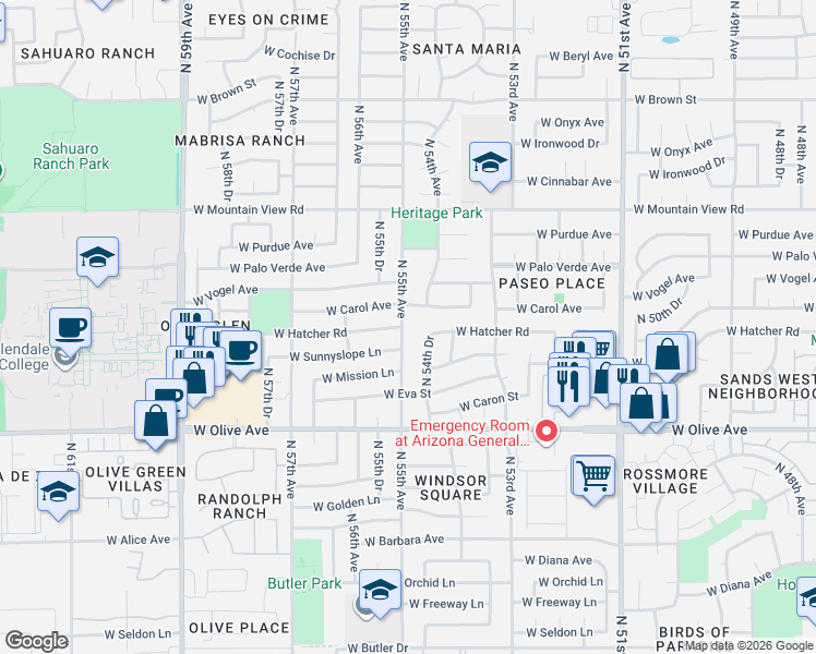 map of restaurants, bars, coffee shops, grocery stores, and more near 9233 North 55th Avenue in Glendale