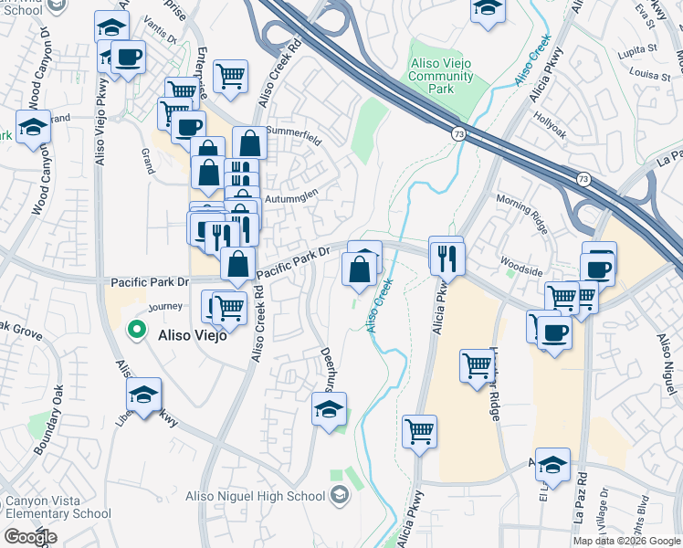 map of restaurants, bars, coffee shops, grocery stores, and more near 20 Hawaii Drive in Aliso Viejo