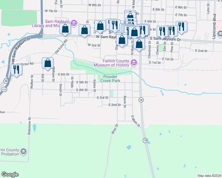 map of restaurants, bars, coffee shops, grocery stores, and more near 401 South 5th Street in Bonham