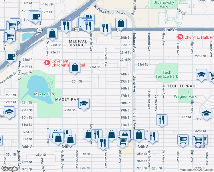 map of restaurants, bars, coffee shops, grocery stores, and more near 3520 25th Street in Lubbock
