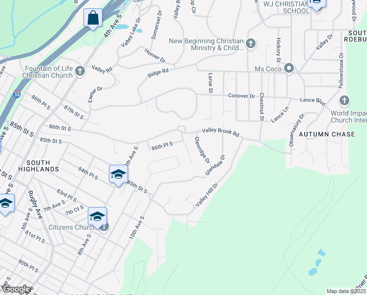 map of restaurants, bars, coffee shops, grocery stores, and more near 900 Glenvalley Drive in Birmingham