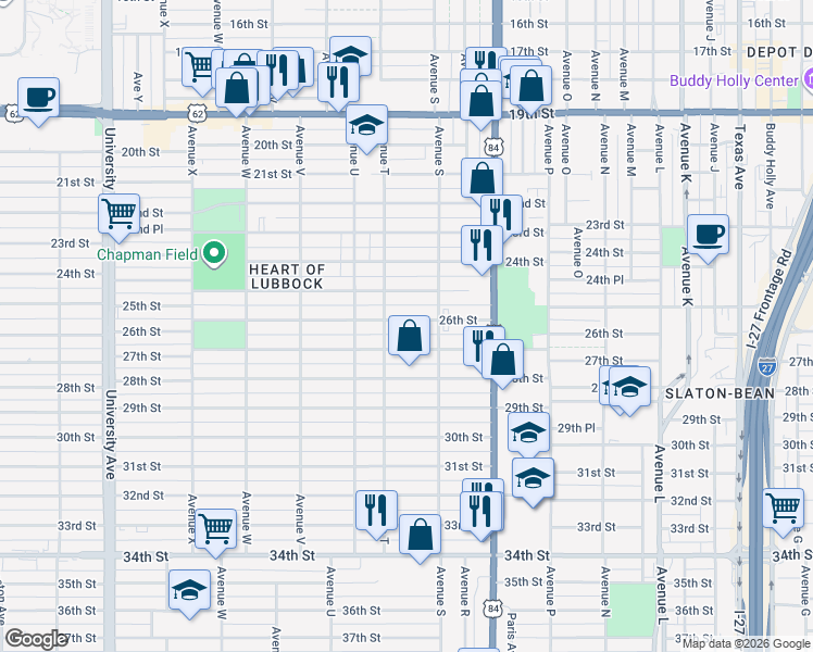map of restaurants, bars, coffee shops, grocery stores, and more near 1915 26th Street in Lubbock