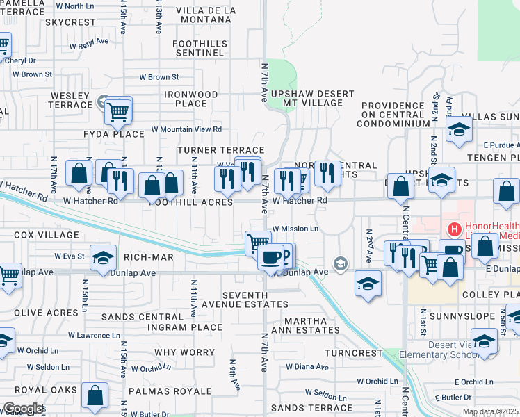 map of restaurants, bars, coffee shops, grocery stores, and more near 712 West Hatcher Road in Phoenix