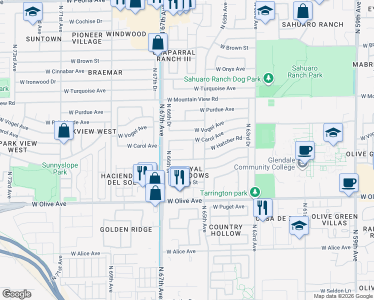 map of restaurants, bars, coffee shops, grocery stores, and more near 6506 West Carol Avenue in Glendale