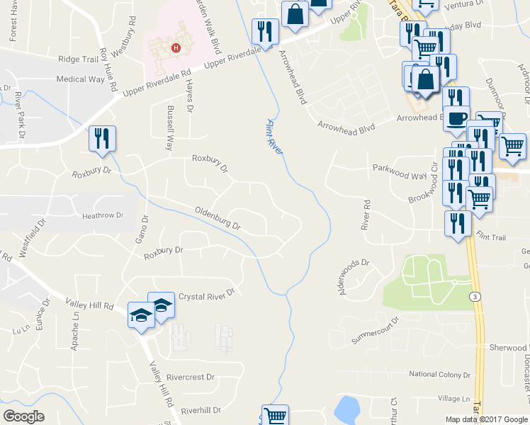 map of restaurants, bars, coffee shops, grocery stores, and more near 190 Sunrise Circle in Riverdale