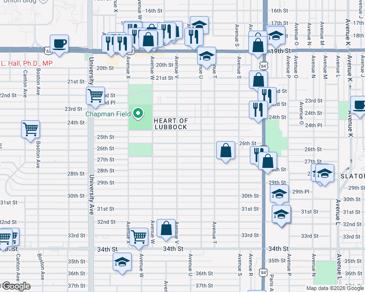 map of restaurants, bars, coffee shops, grocery stores, and more near 2119 26th Street in Lubbock