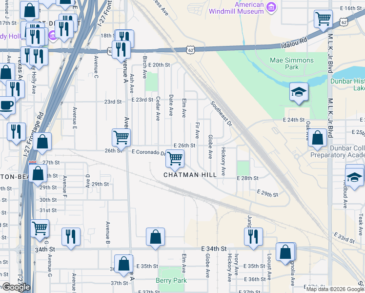 map of restaurants, bars, coffee shops, grocery stores, and more near 2401 Date Avenue in Lubbock
