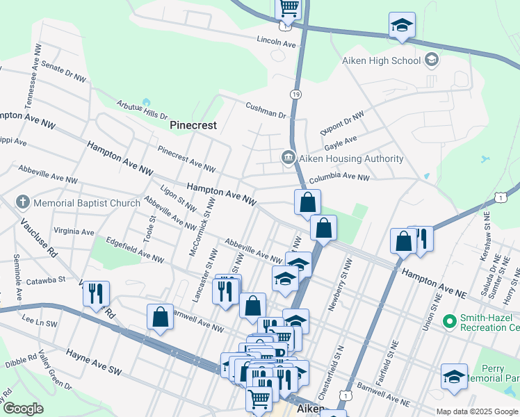 map of restaurants, bars, coffee shops, grocery stores, and more near 602 Hampton Avenue Northwest in Aiken