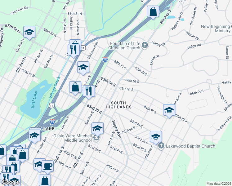map of restaurants, bars, coffee shops, grocery stores, and more near 8429 4th Avenue South in Birmingham