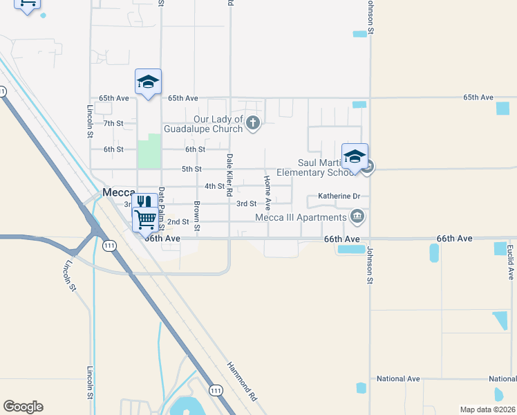 map of restaurants, bars, coffee shops, grocery stores, and more near 91605 3rd Street in Mecca