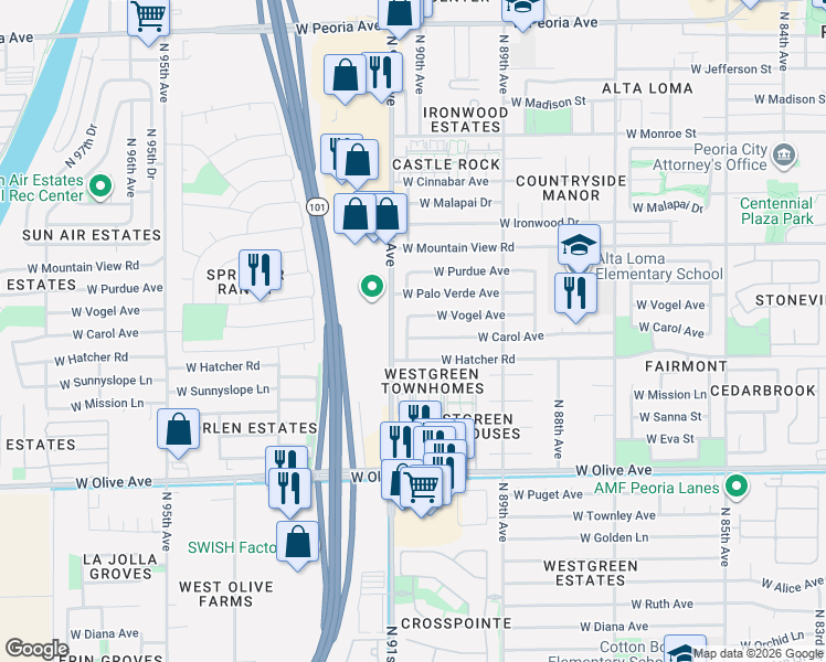 map of restaurants, bars, coffee shops, grocery stores, and more near 9026 West Vogel Avenue in Peoria