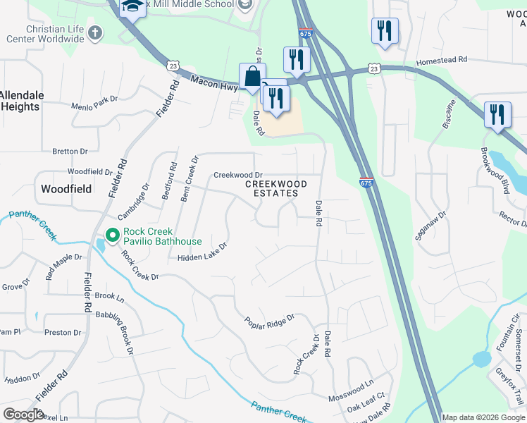 map of restaurants, bars, coffee shops, grocery stores, and more near 6698 Doublegate Lane in Rex