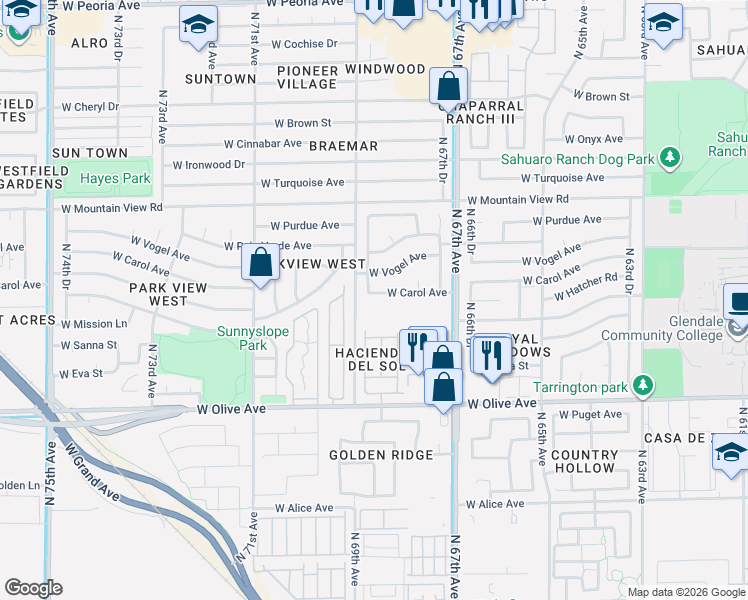 map of restaurants, bars, coffee shops, grocery stores, and more near 6833 West Carol Avenue in Peoria