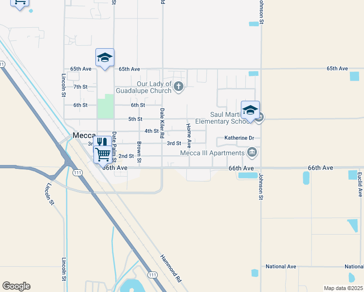 map of restaurants, bars, coffee shops, grocery stores, and more near 91605 3rd Street in Mecca