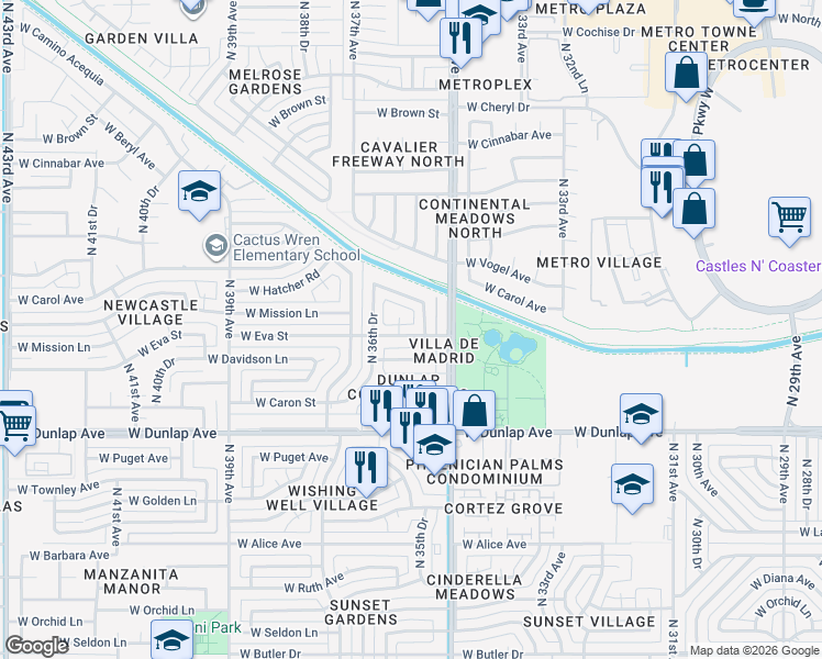 map of restaurants, bars, coffee shops, grocery stores, and more near 3542 West Eva Street in Phoenix