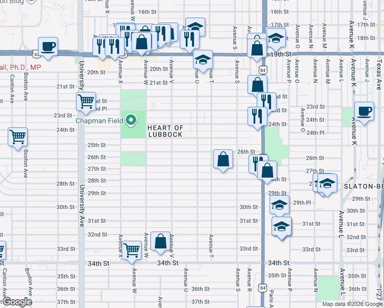 map of restaurants, bars, coffee shops, grocery stores, and more near 2114 26th Street in Lubbock