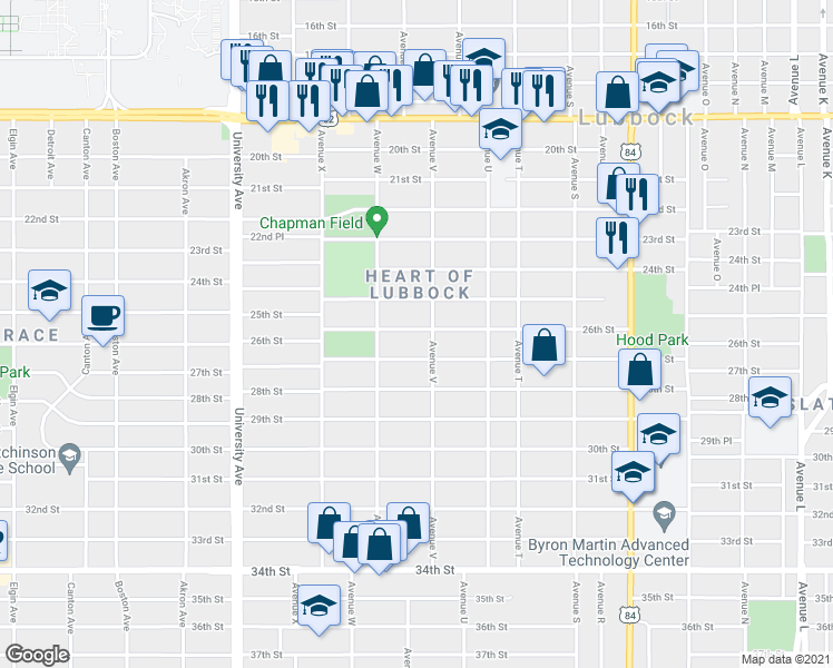 map of restaurants, bars, coffee shops, grocery stores, and more near 2208 26th Street in Lubbock