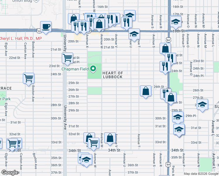 map of restaurants, bars, coffee shops, grocery stores, and more near 2208 26th Street in Lubbock