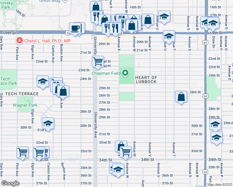 map of restaurants, bars, coffee shops, grocery stores, and more near 2409 25th Street in Lubbock