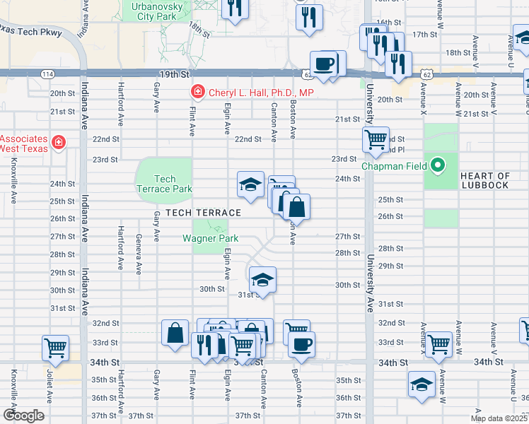 map of restaurants, bars, coffee shops, grocery stores, and more near 2806 25th Street in Lubbock