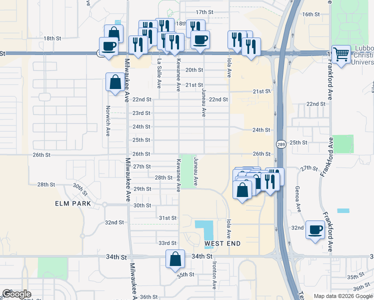 map of restaurants, bars, coffee shops, grocery stores, and more near 6213 25th Street in Lubbock