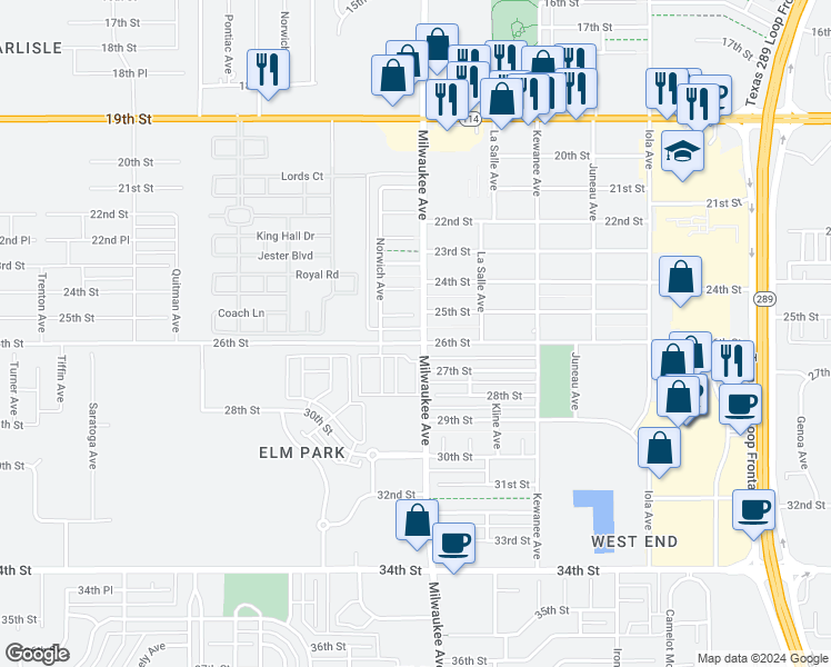 map of restaurants, bars, coffee shops, grocery stores, and more near 6506 25th Street in Lubbock