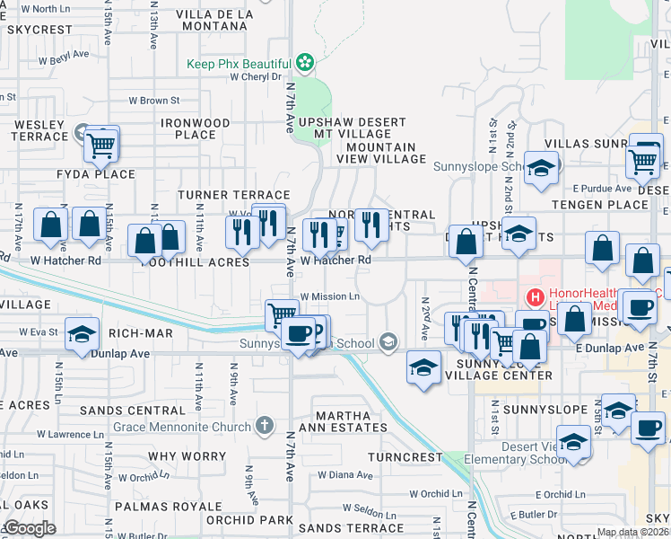 map of restaurants, bars, coffee shops, grocery stores, and more near 402 West Hatcher Road in Phoenix