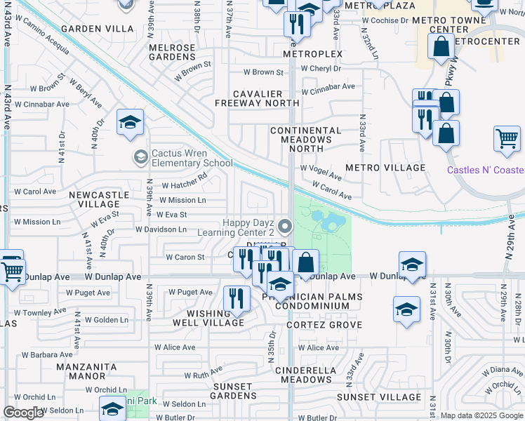 map of restaurants, bars, coffee shops, grocery stores, and more near 3542 West Eva Street in Phoenix