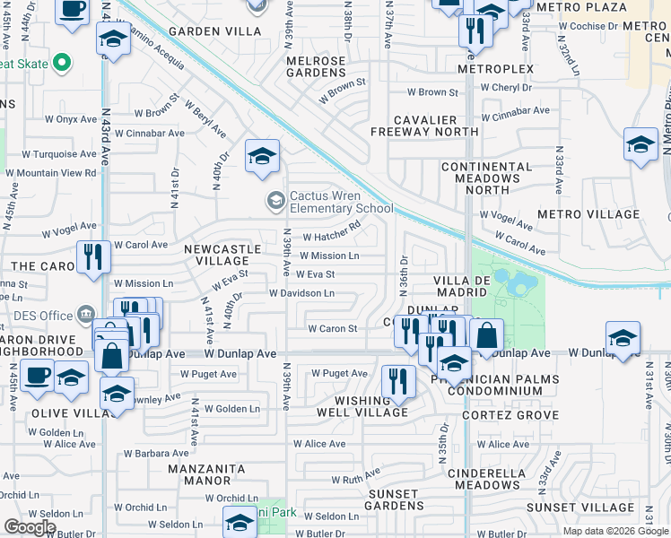 map of restaurants, bars, coffee shops, grocery stores, and more near 3742 West Mission Lane in Phoenix