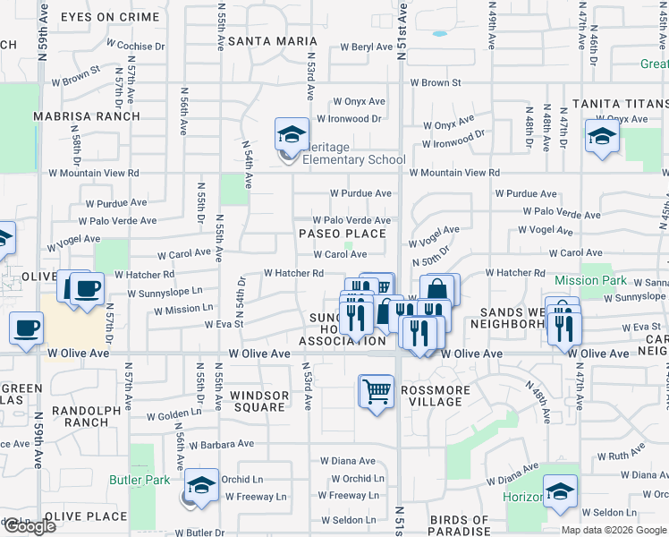 map of restaurants, bars, coffee shops, grocery stores, and more near 5144-5210 West Carol Avenue in Glendale