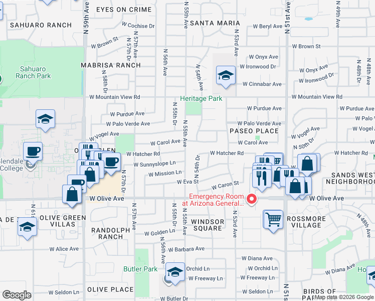 map of restaurants, bars, coffee shops, grocery stores, and more near 9233 North 55th Avenue in Glendale