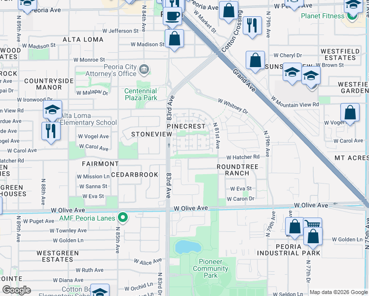 map of restaurants, bars, coffee shops, grocery stores, and more near 9590 North 82nd Lane in Peoria