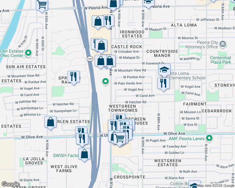 map of restaurants, bars, coffee shops, grocery stores, and more near 9026 West Vogel Avenue in Peoria