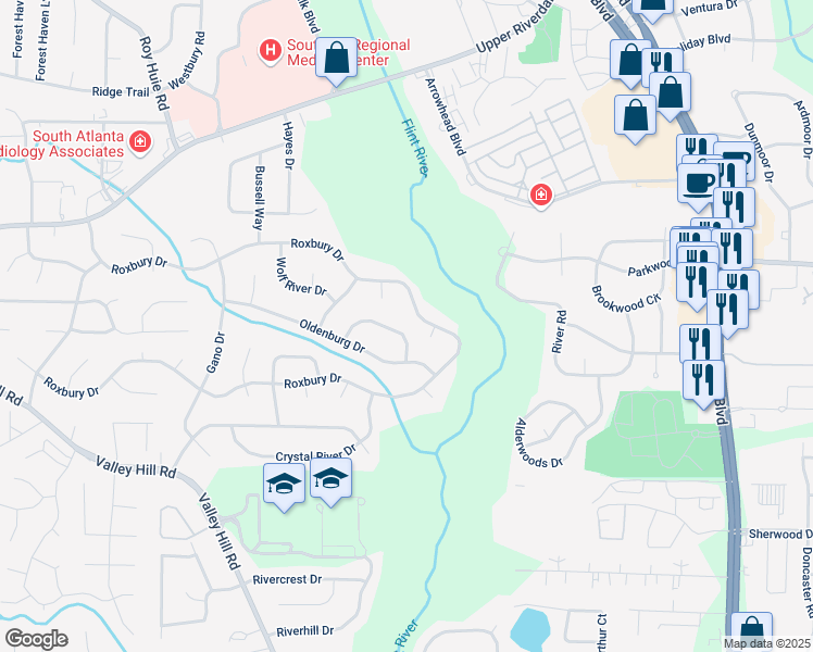 map of restaurants, bars, coffee shops, grocery stores, and more near 190 Sunrise Circle in Riverdale