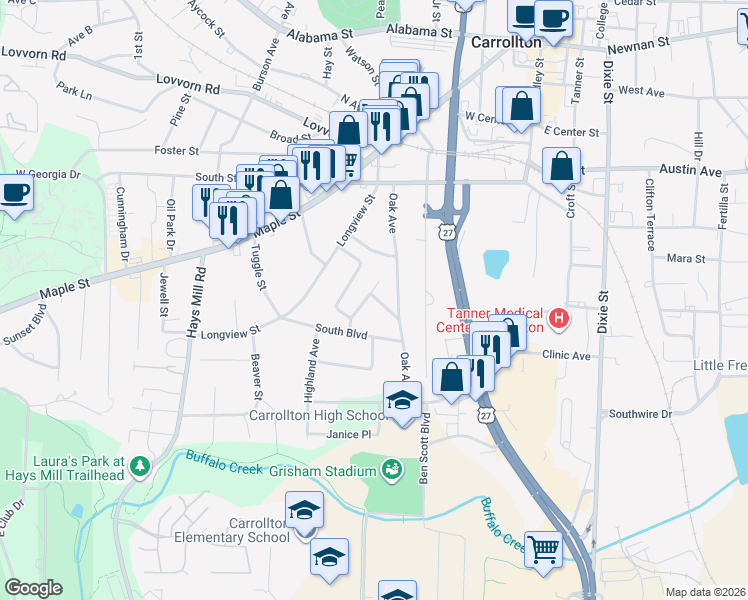map of restaurants, bars, coffee shops, grocery stores, and more near 115 Richards Street in Carrollton