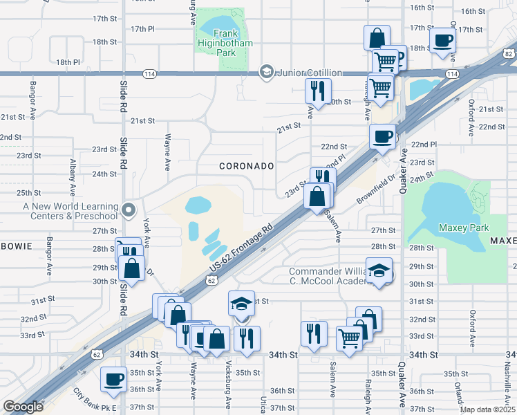 map of restaurants, bars, coffee shops, grocery stores, and more near 2404 Utica Avenue in Lubbock