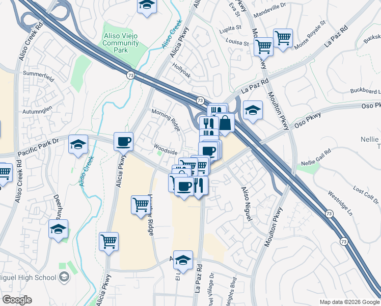 map of restaurants, bars, coffee shops, grocery stores, and more near 132 Birchwood Lane in Laguna Hills