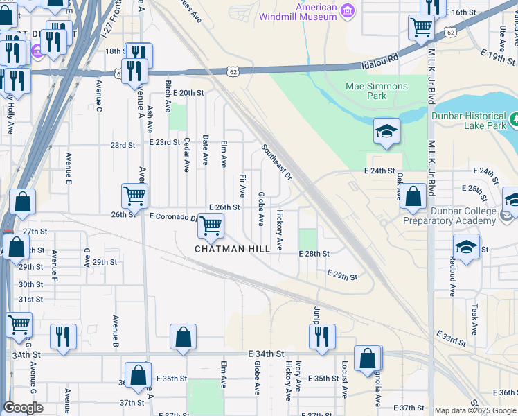 map of restaurants, bars, coffee shops, grocery stores, and more near 2412 Globe Avenue in Lubbock