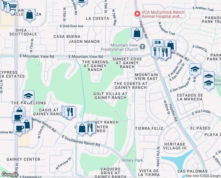 map of restaurants, bars, coffee shops, grocery stores, and more near 7740 East Gainey Ranch Road in Scottsdale