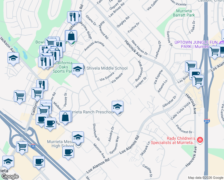 map of restaurants, bars, coffee shops, grocery stores, and more near 40351 Heirloom Street in Murrieta