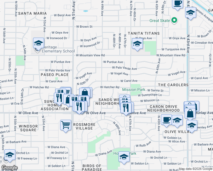 map of restaurants, bars, coffee shops, grocery stores, and more near 4826 West Hatcher Road in Glendale