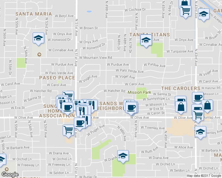 map of restaurants, bars, coffee shops, grocery stores, and more near 4826 West Hatcher Road in Glendale