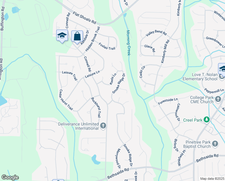 map of restaurants, bars, coffee shops, grocery stores, and more near 6735 Smoke Ridge Drive in Atlanta