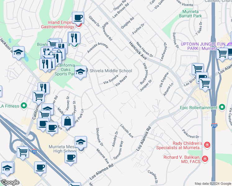 map of restaurants, bars, coffee shops, grocery stores, and more near 40351 Heirloom Court in Murrieta