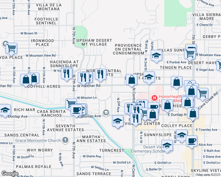 map of restaurants, bars, coffee shops, grocery stores, and more near 118 West Hatcher Road in Phoenix