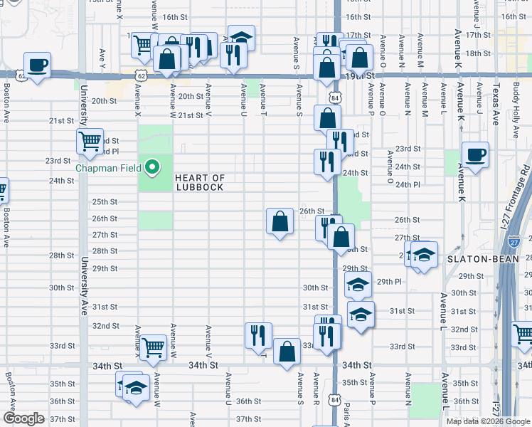 map of restaurants, bars, coffee shops, grocery stores, and more near 1918 26th Street in Lubbock