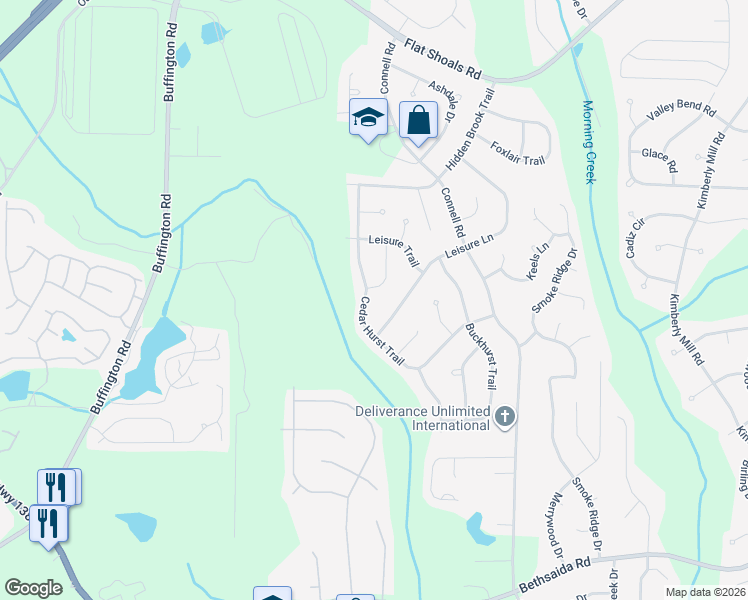 map of restaurants, bars, coffee shops, grocery stores, and more near 6480 Cedar Hurst Trail in Atlanta