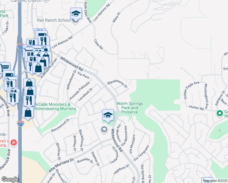 map of restaurants, bars, coffee shops, grocery stores, and more near 39201 Dovetree Drive in Murrieta