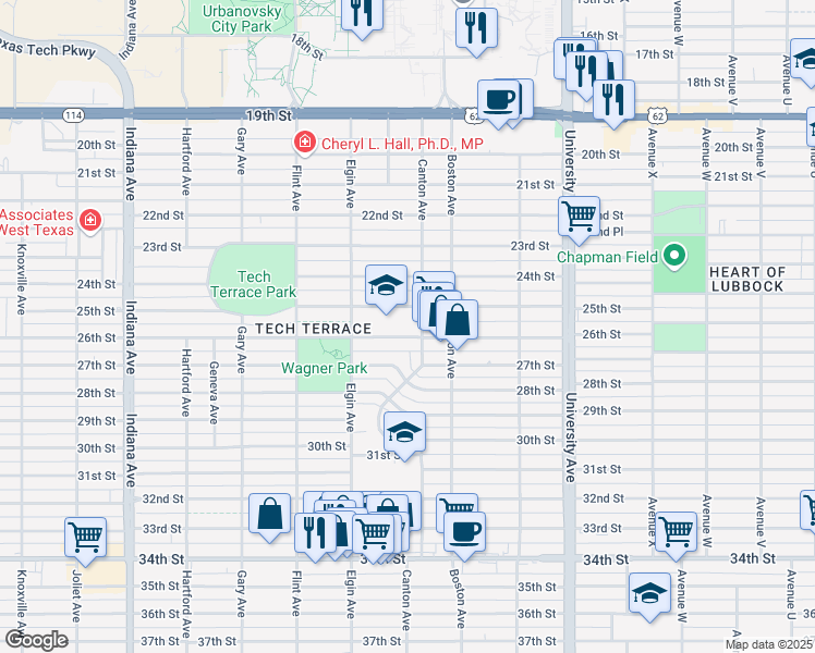 map of restaurants, bars, coffee shops, grocery stores, and more near 2807 25th Street in Lubbock